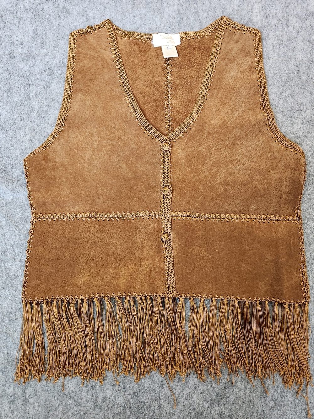 Vintage Kroshetta by Papillon Leather Crochet Fringe Vest Women L Brown Western